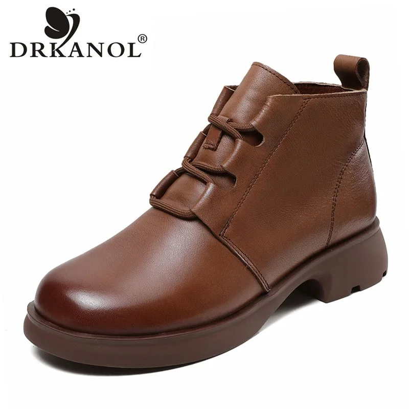 

DRKANOL British Style Women Genuine Cow Leather Boots Autumn Winter Plush Warm Thick Heel Ankle Boots Ladies Retro Casual Shoes