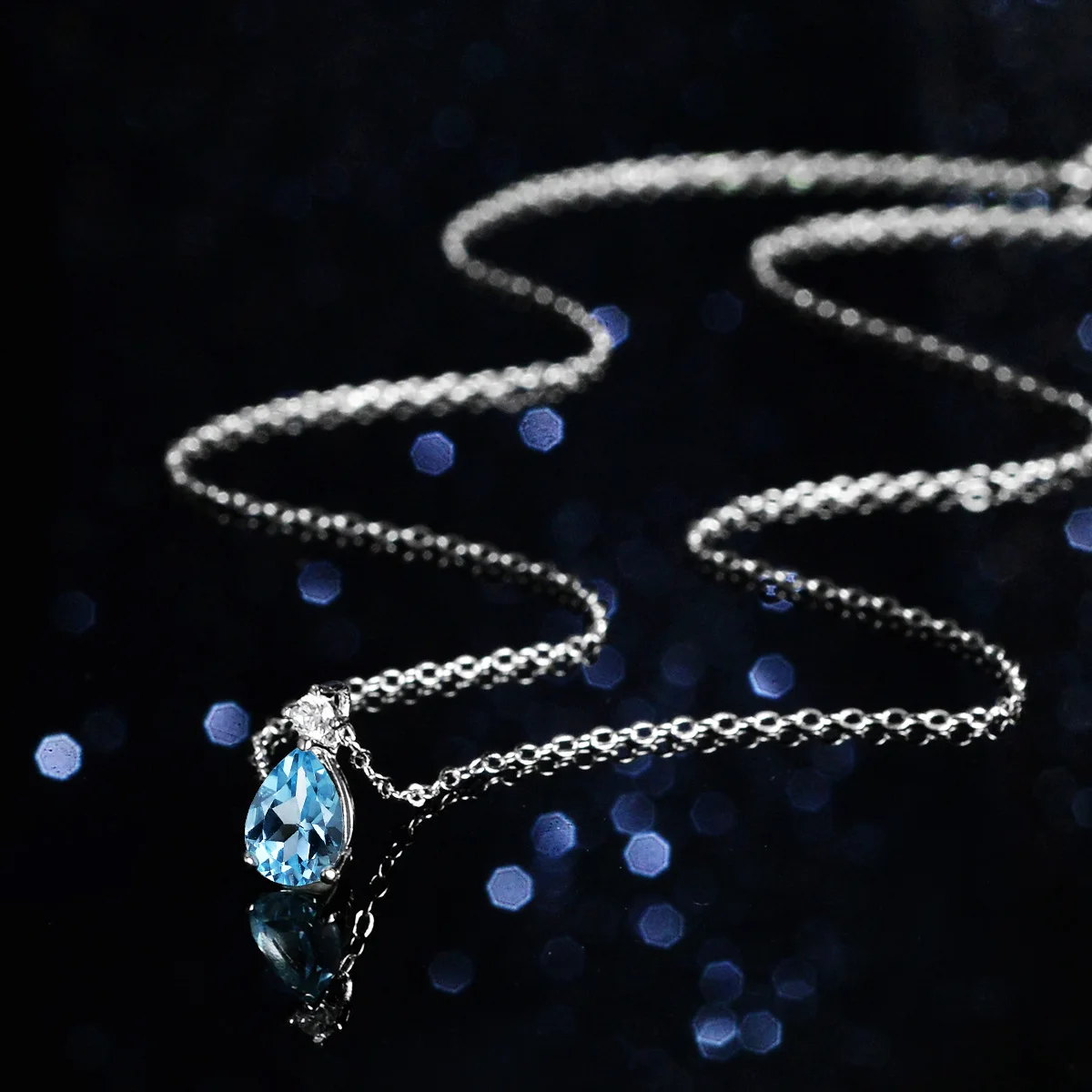 Natural Blue Topaz Mozzarella Diamond Necklace Pendant Women's Sterling Silver One-carat Geometric Water Drop Collarbone Chain