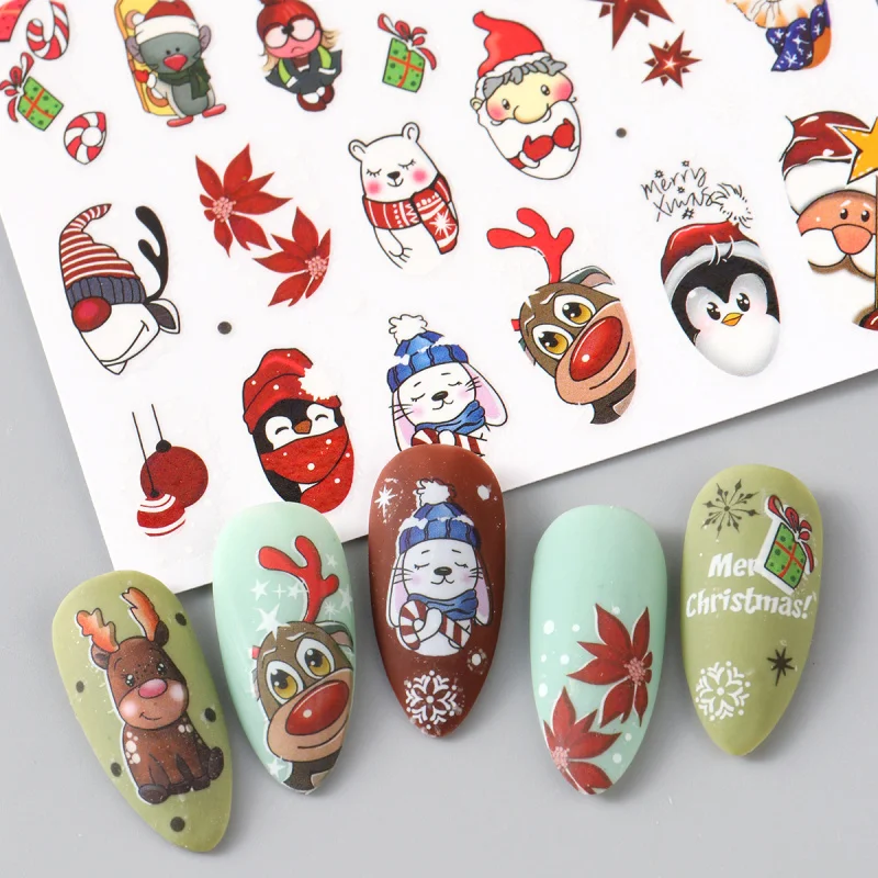 4 stuks kerst nagelstickers leuke cartoon herten beer vogel kat manicure slider winter kerstboom nieuwjaar kerstman nagelstickers decor