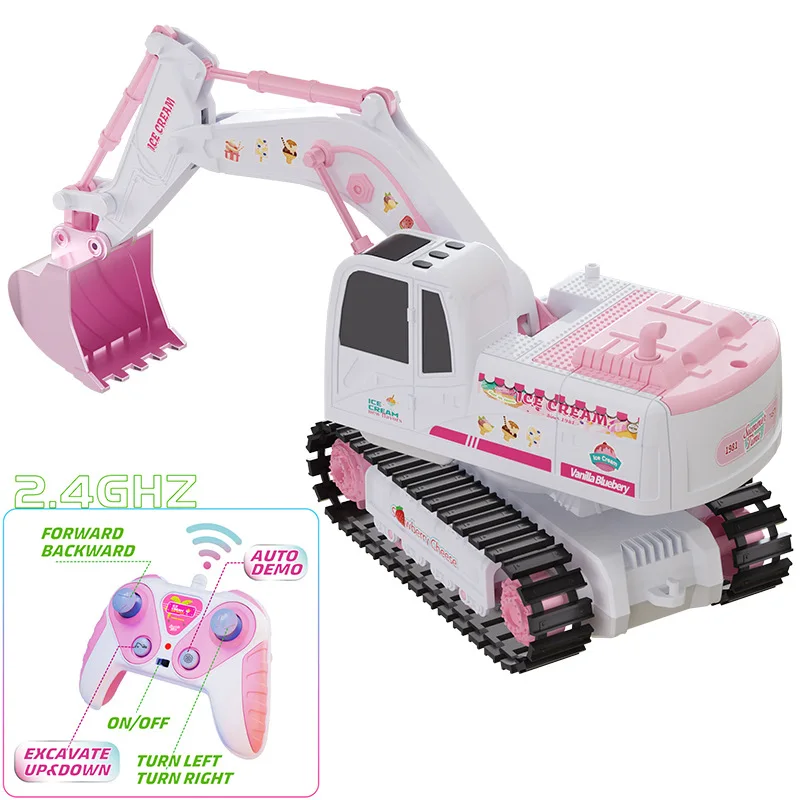 Escavadeira de controle remoto para meninas, brinquedo de 6 vias, controle remoto, carro de engenharia com luz led, música, simulação eletrônica, veículo bonito