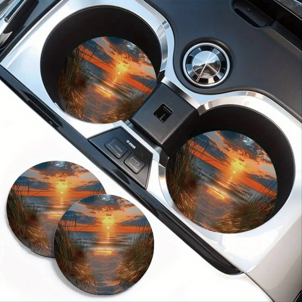 Seaside Sunset EVA Car Cup Holder Coasters 2 Pack Universal Fit Anti-Slip Vehicle Drink Coasters