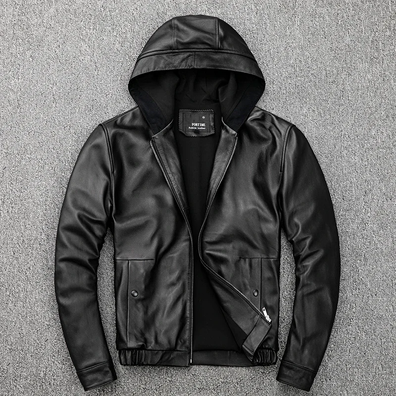 Men's Hooded Leather Jacket 100% Genuine Sheepskin Motorcycle Black Coat Male Hoodies Clothes Spring Hat Leather Jacket Men