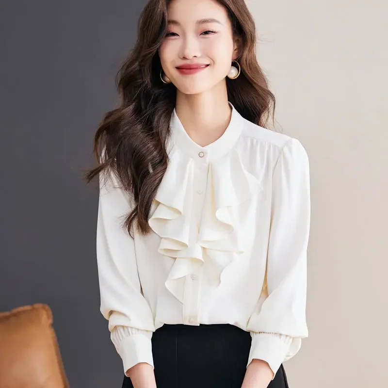 Chiffon Casual Women's Shirt Spring/Summer Solid Korean Clothing Loose Long Sleeve White Tops Ruffles Women Blouses