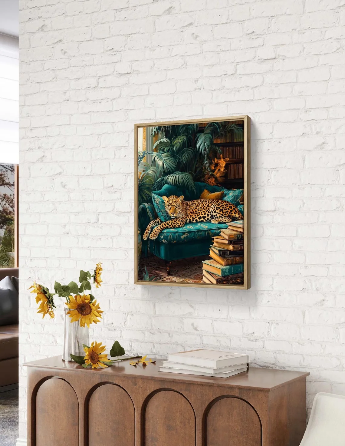 Sleepy Leopard , Emerald Green Maximalist Wall Art - Jungle Bedroom Decor - Boho Wall Art - Eclectic Decor, Book wall art, Wild
