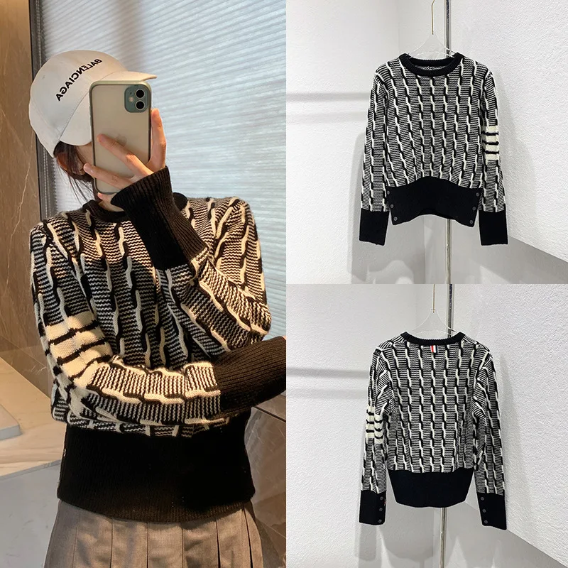 

High Quality Fashion Brand Striped Sweater Women's Loose Wool Knitted Black White Matching Color Simple Casual Pullover Tops