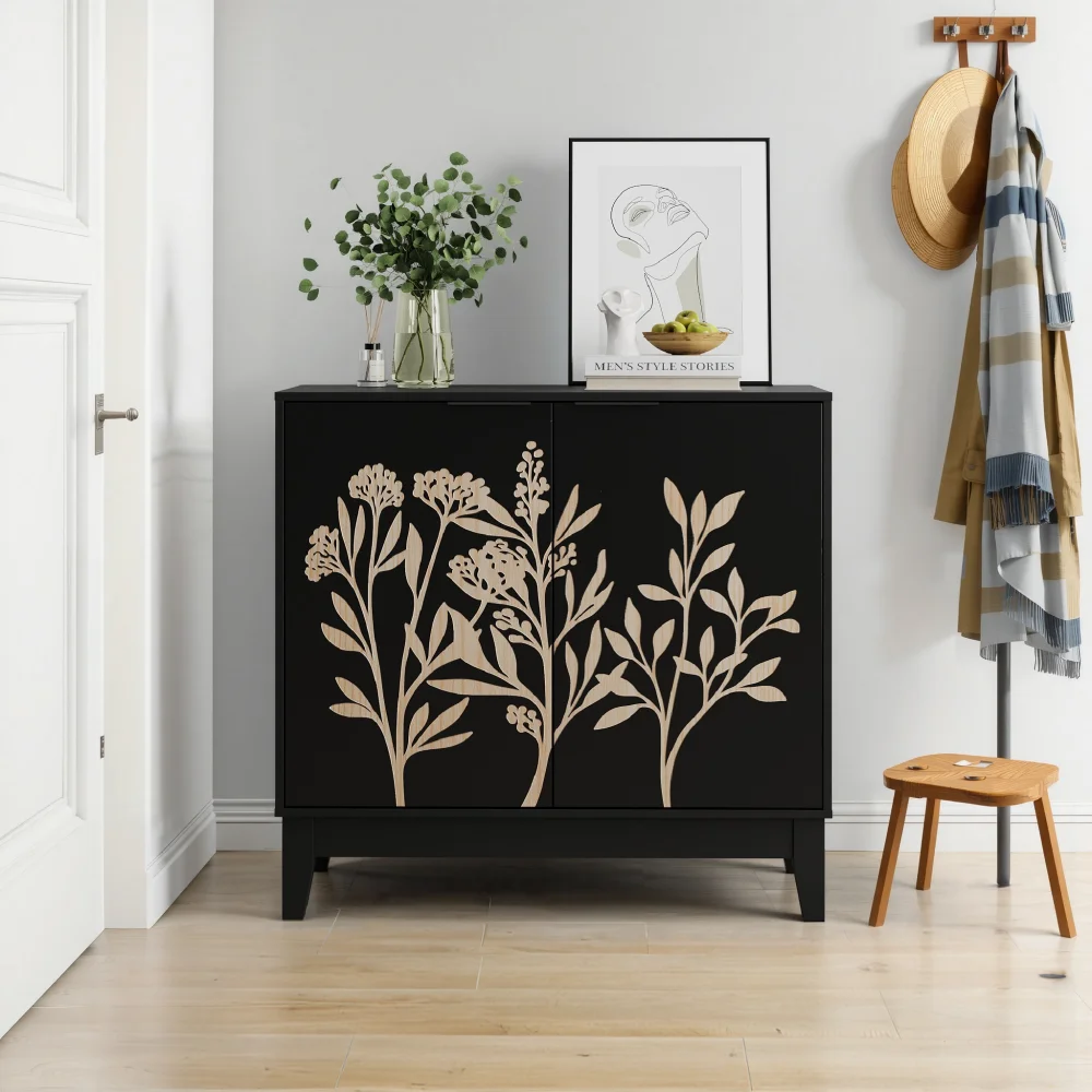 Aparador vintage de 80 cm con muebles tallados, aparador decorativo con 2 puertas y estantes ajustables