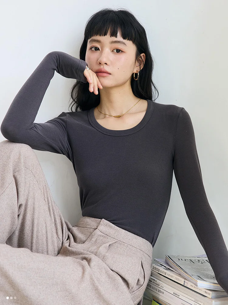 

Wool Lyocell Long-sleeve Undershirt Autumn Winter Soft U-neck Warm Self Heating Slim Bottoming T-shirt