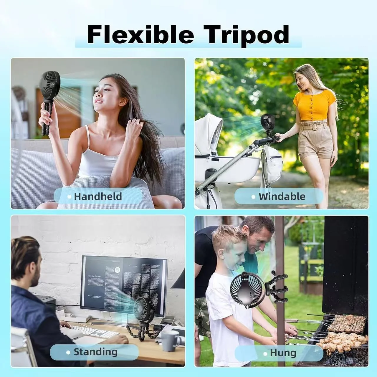 Mini Portable Stroller Fan,3 Speed Rechargeable,360° Rotate Flexible Tripod Better Cooling for Car Seat Crib Treadmill 5000mAh