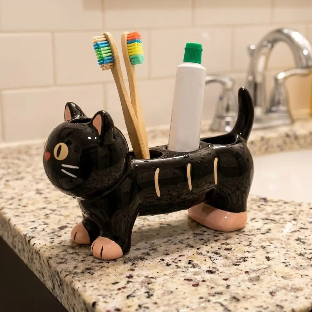 

Cat Dog Shape Ceramic Toothbrush Holder 4 Holes Waterproof Electric Toothbrush Stand Cartoon Whimsical