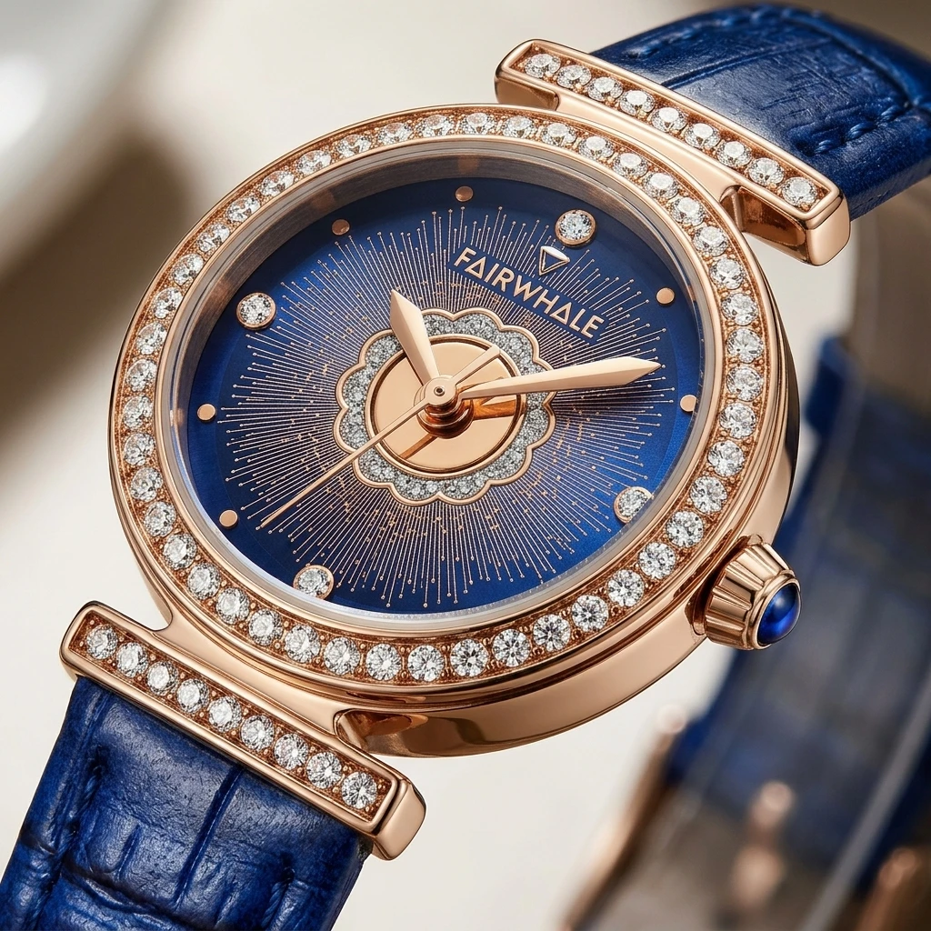 Mark Fairwhale Ladies Wrist Watch Quartz Movement Round Sunburst Floral Dial Full Rhinestone Bezel Leather Band for Women