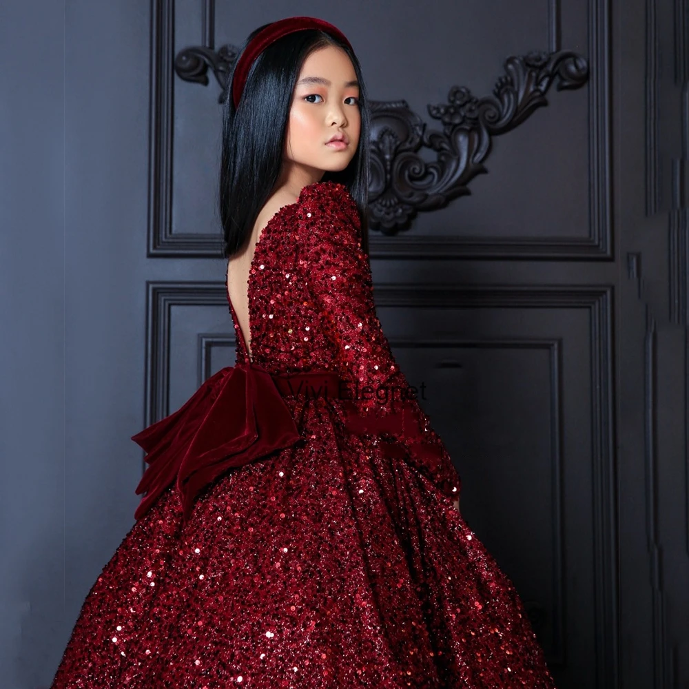 Burgundy Full Sleeve Flower Girl Dresses with Bow Strapless Sequined Ankle length Shinny Christmas Gown with Belt فساتين اطفال ل