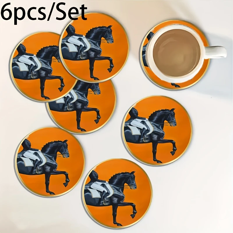 6pcs 2D Flat Retro Wooden Cup Mats With Horse Elements Colour Printing Cup Coasters for Home Kitchen Decor Horse Lovers Gifts