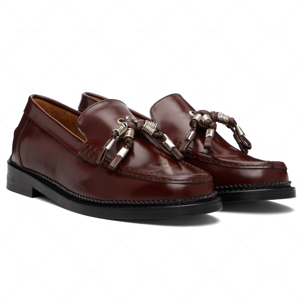 Leather Loafers Black Brown Tassel Decor Slip on Flats Low Heel Knotted Strap Spring Men Comfortable Casual Shoes for Daily Wear