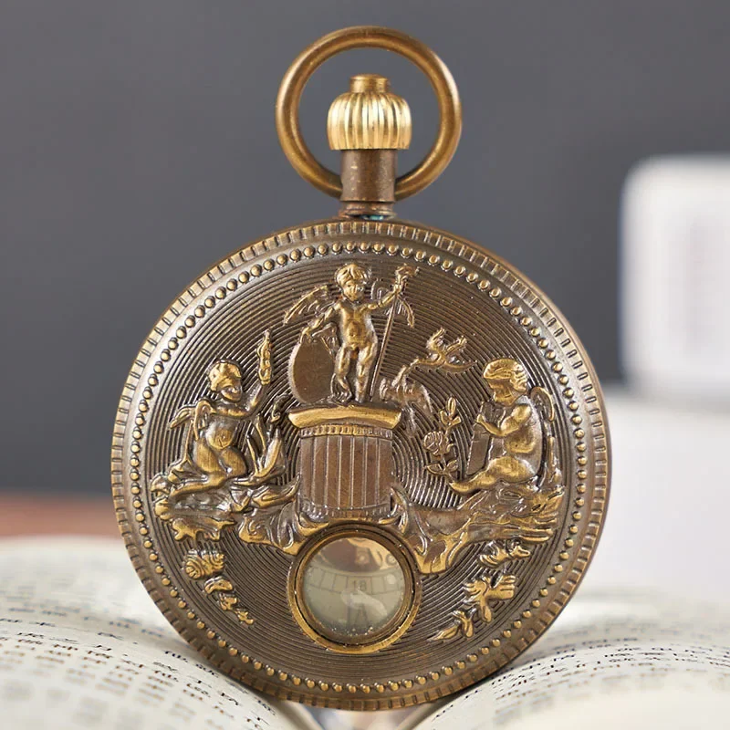 مجموعة تذكارية مزدوجة مفتوحة، معدن عتيق من النحاس النقي، ساعة جيب ميكانيكية يدوية الصنع عتيقة #4