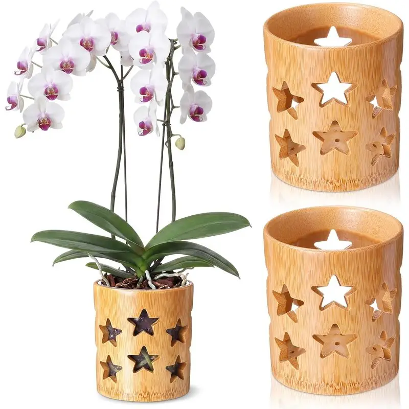 Round Breathable Bamboo Planter Pot with Hollow Design, Natural Light Brown Orchid Succulent Plant Pot, Indoor Home Decoration