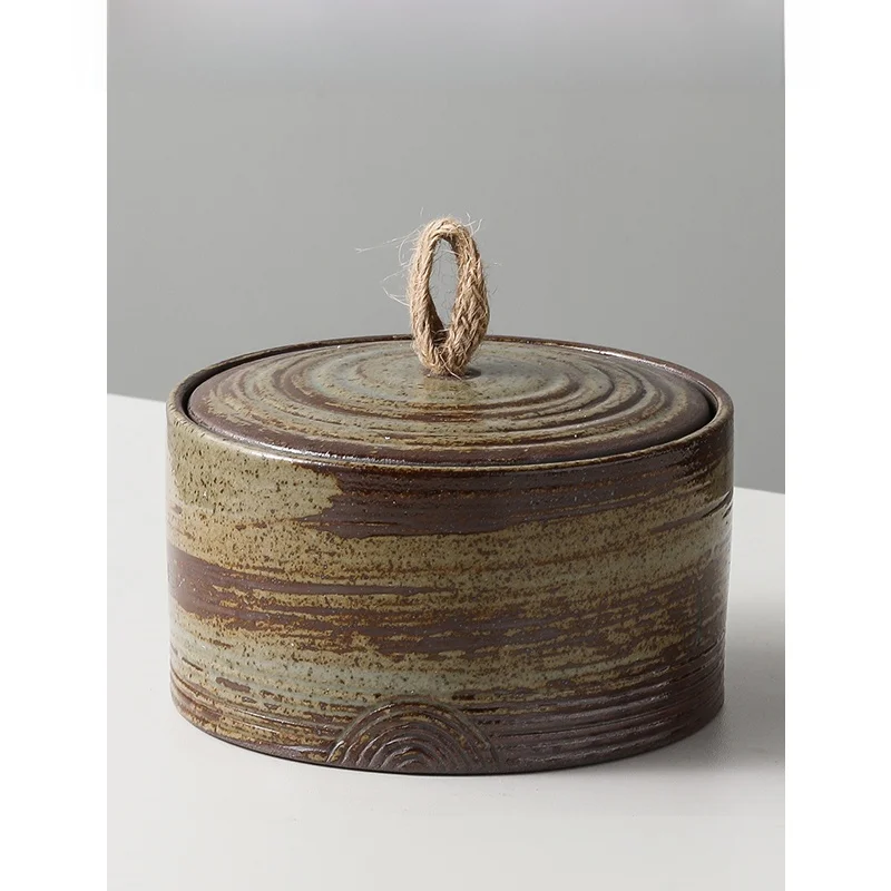 

Retro Japanese Style Ceramic Desktop Trash Can Living Room Coffee Table Creative Tabletop Storage Bucket with Lid Home Use