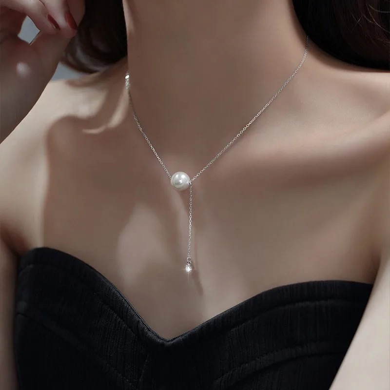 925 Sterling Silver Necklace Women Summer Pearl Light Luxury Niche Ins Design End Vintage Tassel Pendant Clavicle Chain Jewelry