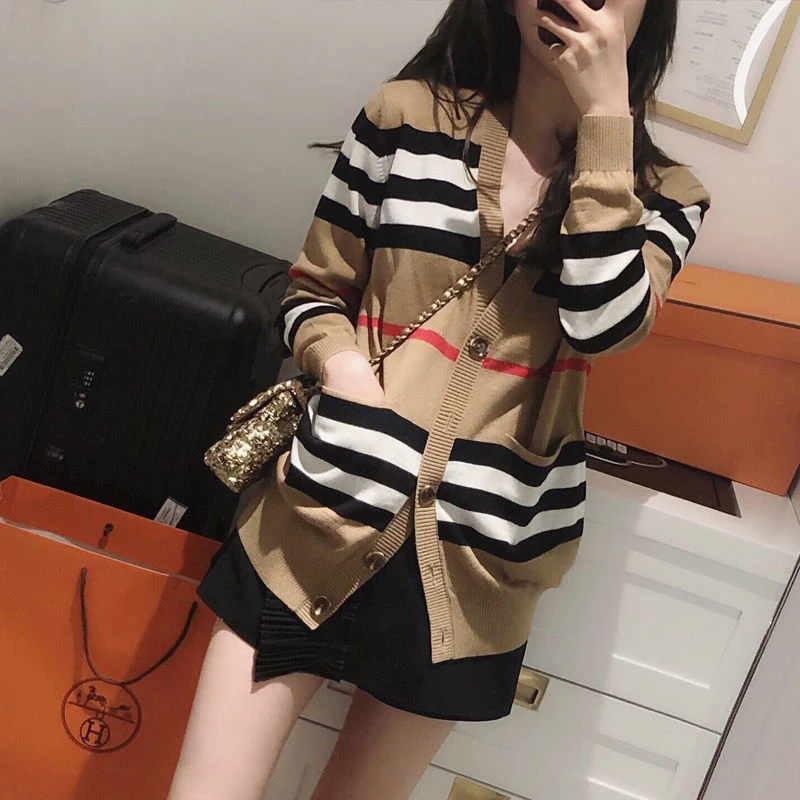 Women Striped Knitted Cardigan Fall Winter Loose Korean Sweater Casual Fashion Office Lady V Neck Single Breasted Design Top