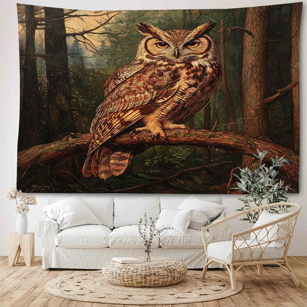 Forest owl spreads its wings and flies. Owls on forest branches. Fantasy owl background decoration tapestry