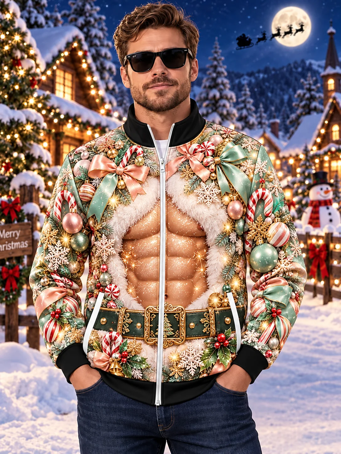 Funny Ugly Christmas 3D Graphic Jacket Men Fake Abs Muscle Xmas Ornament Print Zipper Sweatshirt Casual Streetwear Party Gift