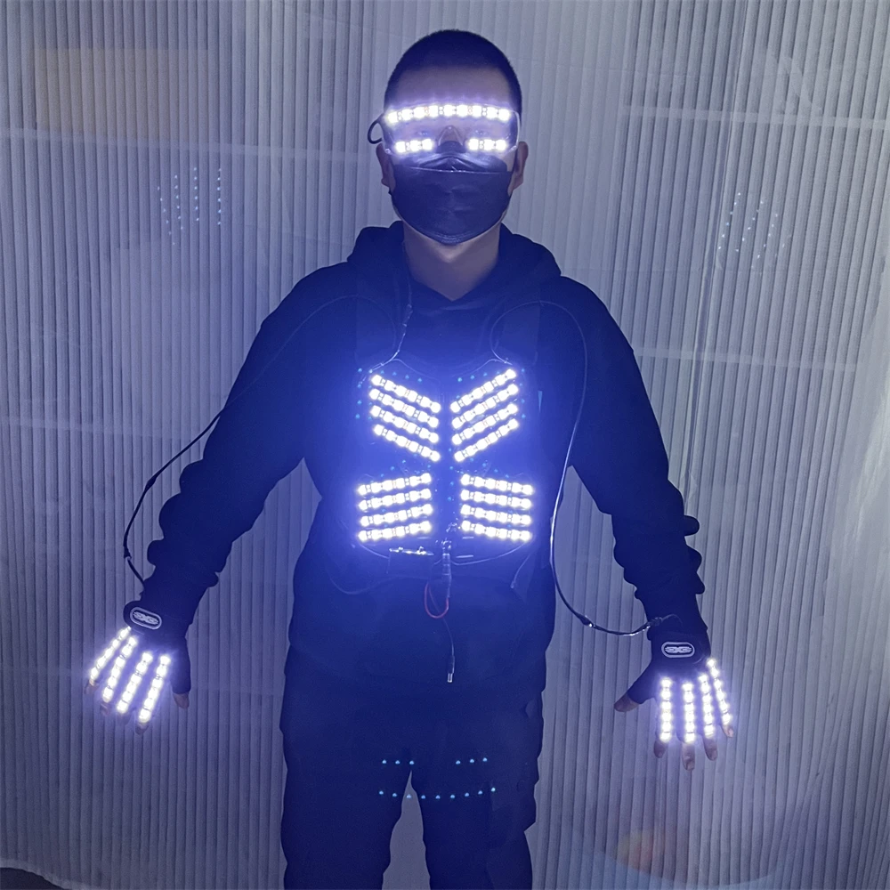 

New Design Led Luminous Armor Glasses Gloves Nightclub Bar Stage Performance Light Up Dance Robot Suit Clothes Costume