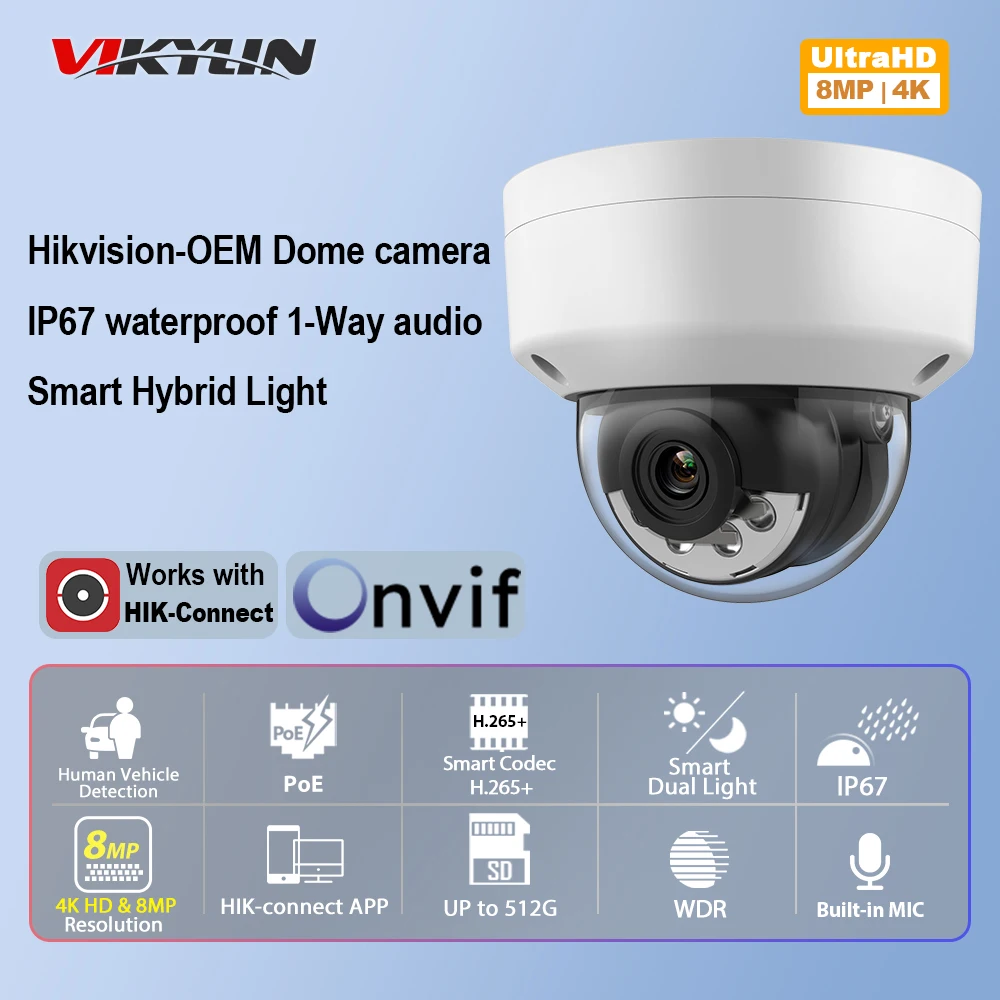 Vikylin Hikvision OEM 5/8MP Smart Hybrid Light Dome IP Camera MD2.0 Outdoor POE Security CCTV Video Surveillance Camera APP View