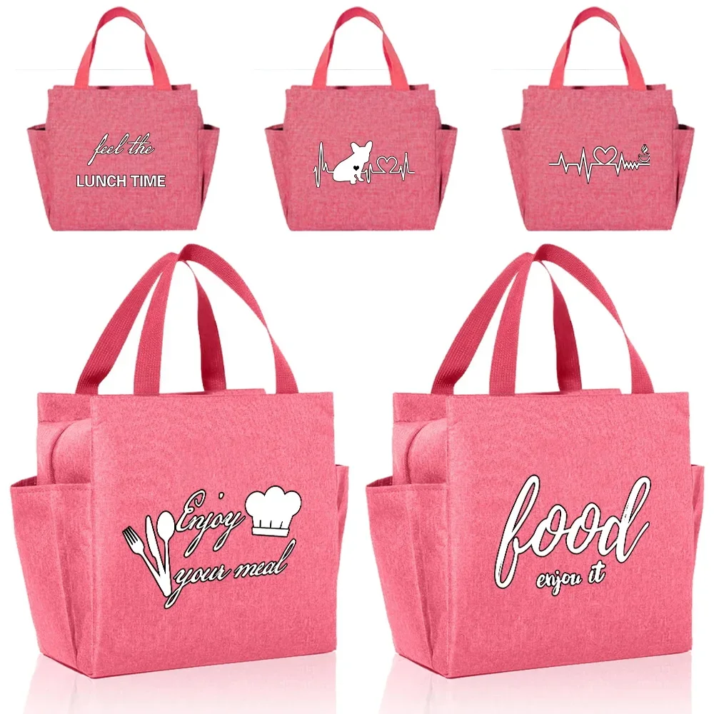 Lunch Bag Kids Thermal Insulated Pink Lunch Box Cooler Bento Pouch Handbag Printing Food Series for Outdoor Picnic