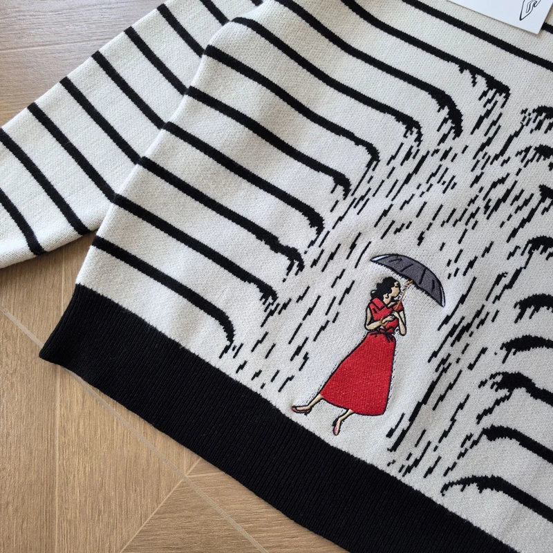 High Street Trend Quality Cartoon Character Print Striped House of Errors  Sweater Winter Warm Pullover Knitted Sweater