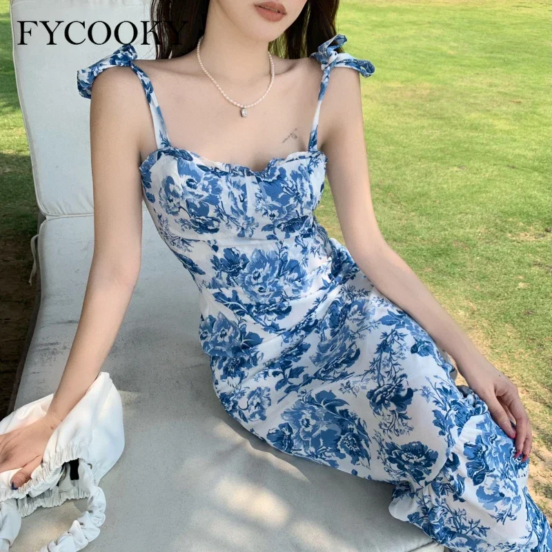 French Vintage Floral Straps Dress Women 2025 Summer New Fishtail Long Dress Ladies Elegant Ruffle Sleevless Dresses