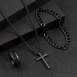 3pcs/set Punk Black Cross Pendant Necklace Thick Chain Bracelet Ring Fashion Jewelry Sets  Men for Autumn