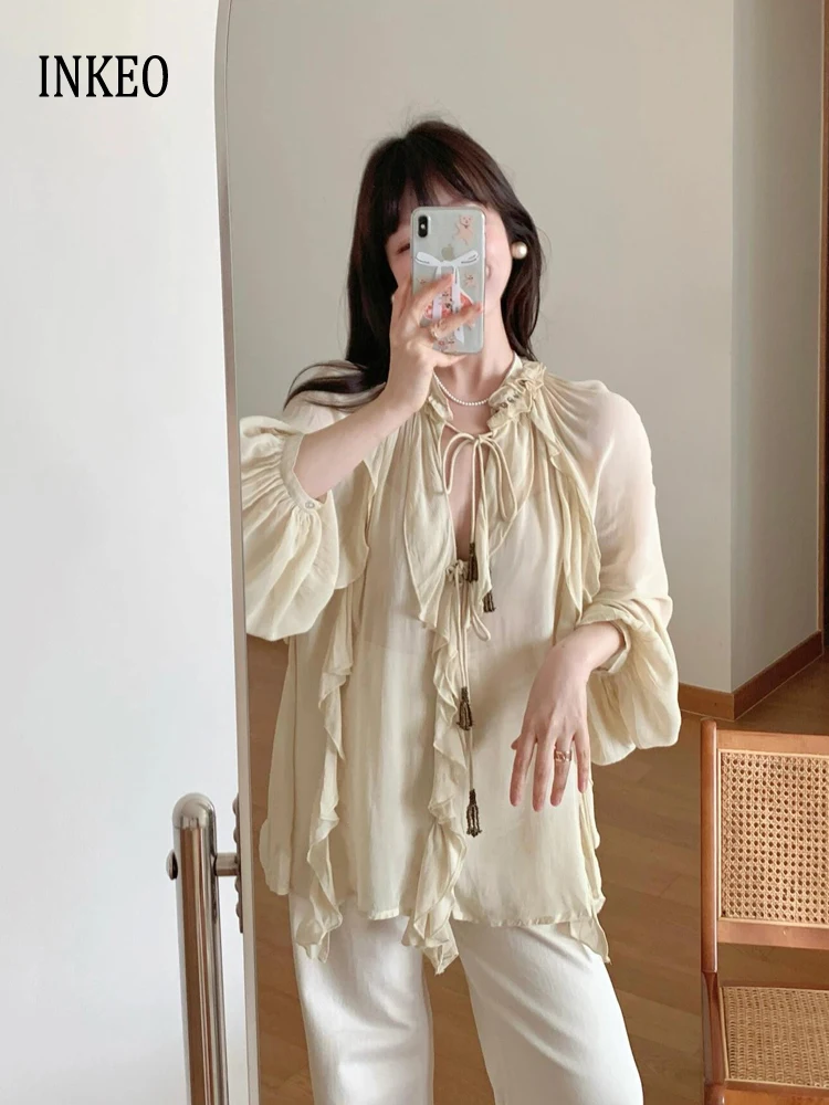 

Luxury Ruffled Shirt Women Loose Lace Up 2025 Summer Long sleeve Chiffon Blouses Oversize See-through Beige Beach tops 5T030
