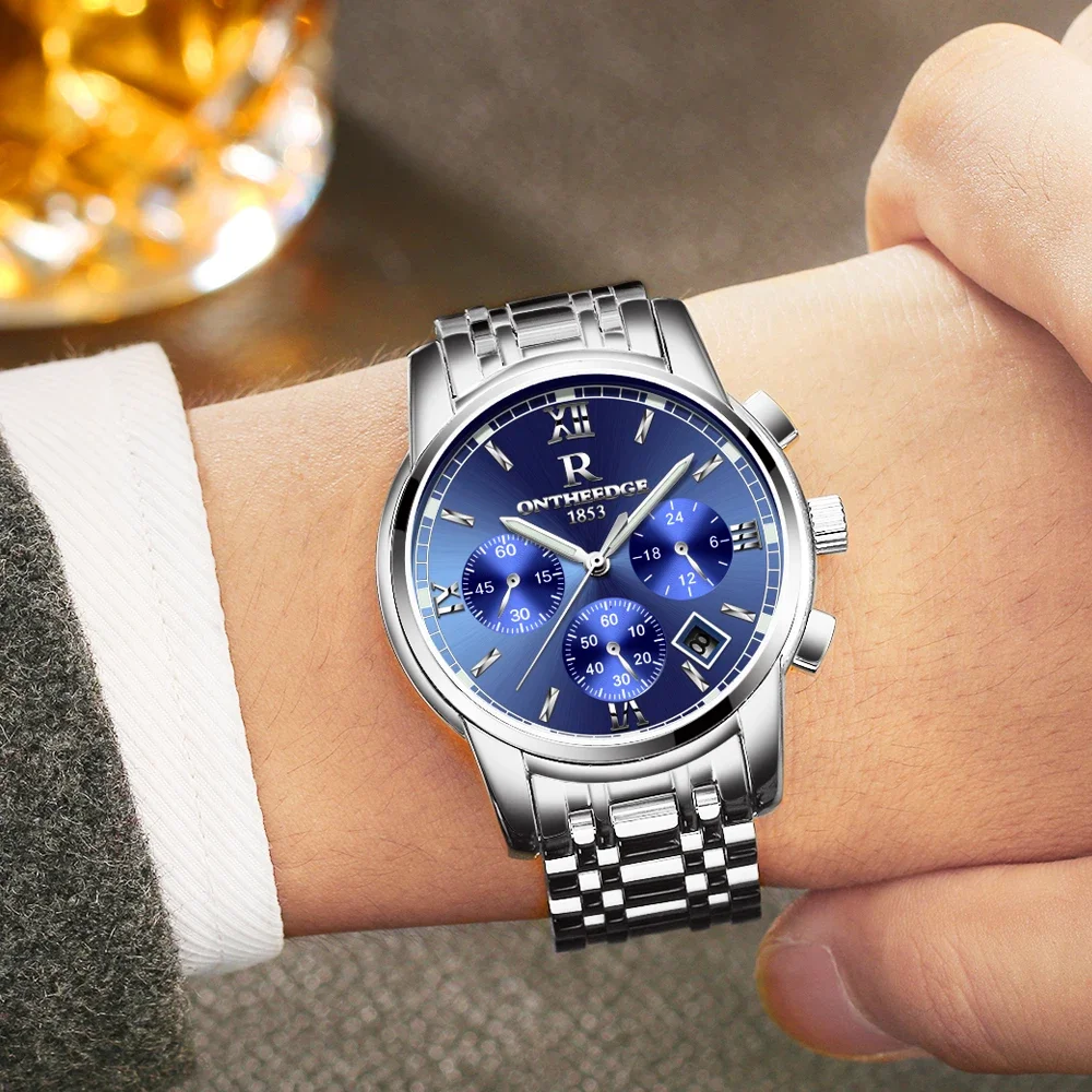 ONTHEEDGE Mens Watches Top Brand Luxury Business Quartz Watch Men All Steel Blue Face Waterproof Chronograph Relogio Masculino