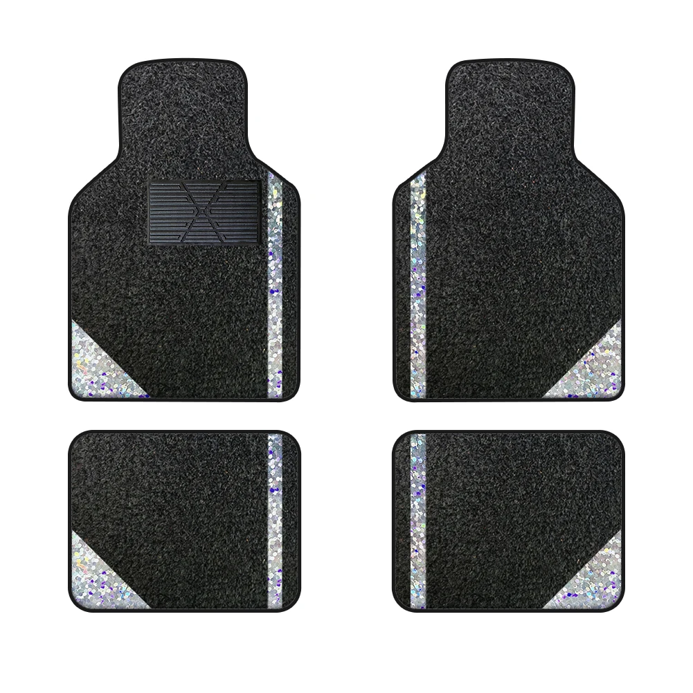 4 Pcs Of Black Velvet Colorful Striped Floor Mats Silver Suitable For Off-Road Vehicles And Trucks Equipped With All-Weather