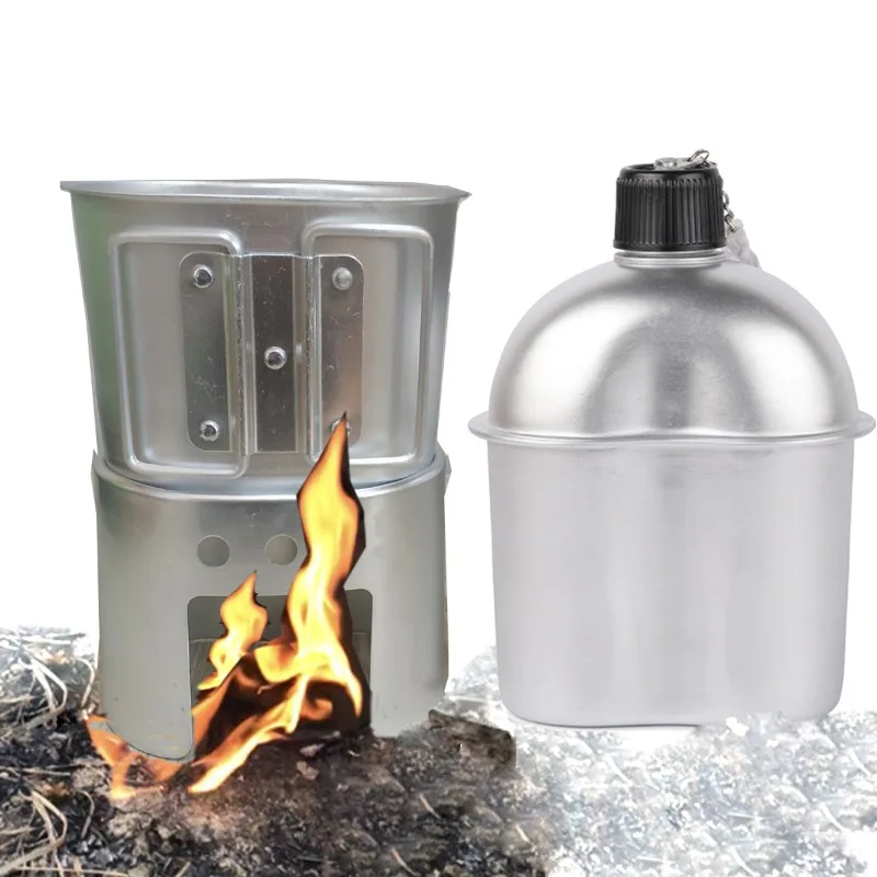 

Military Canteen Cookware Set Aluminum Alloy Canteen Multi-Functional Water Bottle with Grab Handled Cup Green Canvas