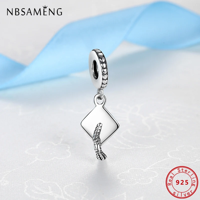 Original 100% 925 Sterling Silver Charm Graduation Mortarboard Hat Pendant Beads Fit Pandora Bracelet Necklace Women DIY Jewelry