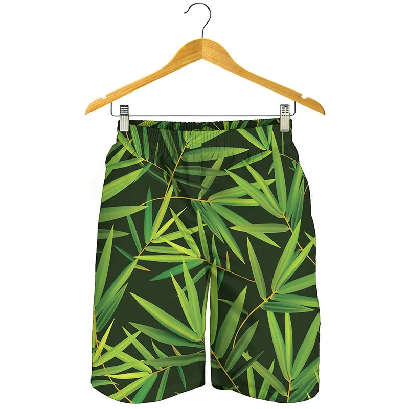 Green Bamboo Leaf 3D Printed Beach Shorts For Men Women Plants Pattern Swimming Trunks Summer Streetwear Oversized Short Pants