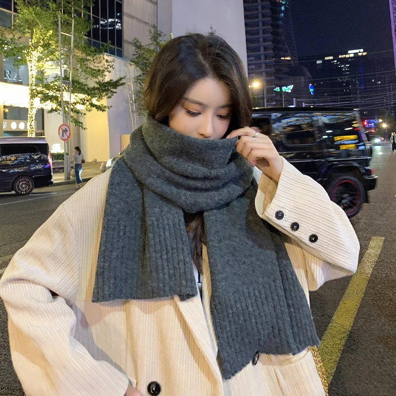 

Elegant Winter Scarf Women Solid Knit Korean Style Ins Trendy Simple Fashion Versatile Warm Wool Scarf Student Gift