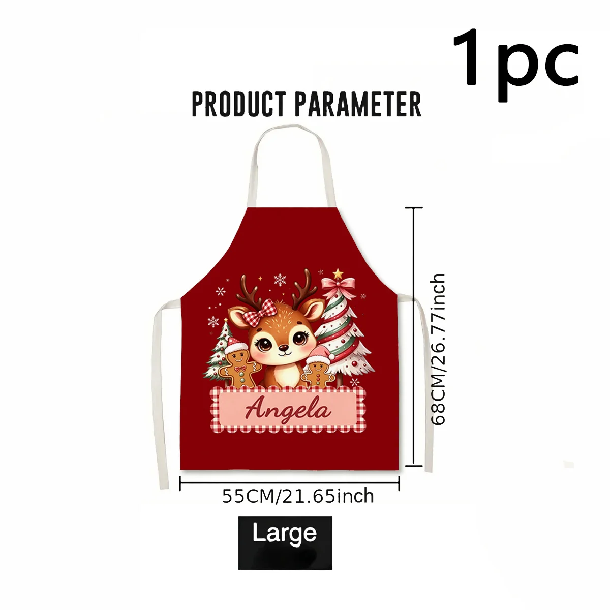 1PC Personalized Christmas Apron Custom Name Text Watercolor Reindeer Gingerbread Xmas Tree Print Cooking Baking Kitchen Gift