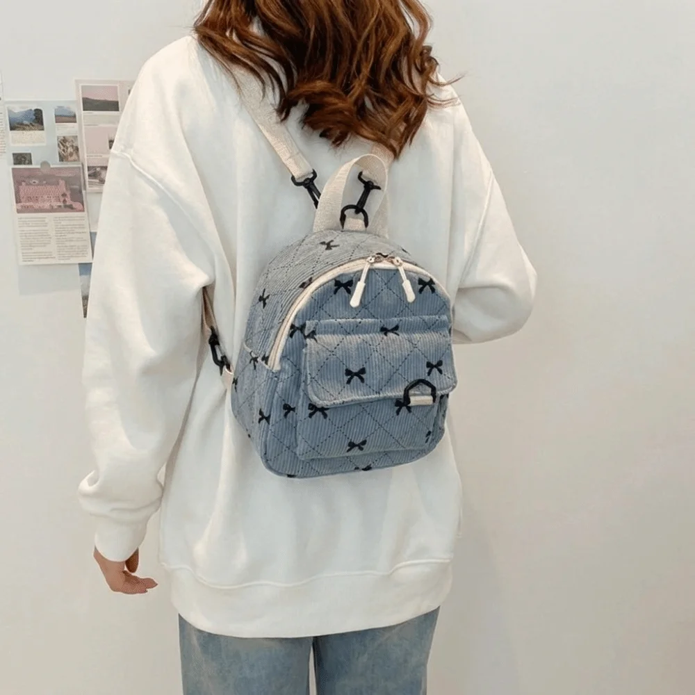 Corduroy Mini Backpack Bowknot Printed Lightweight Bow Rucksack Cosmetic Storage Bag Multi Layered Student School Bag Women