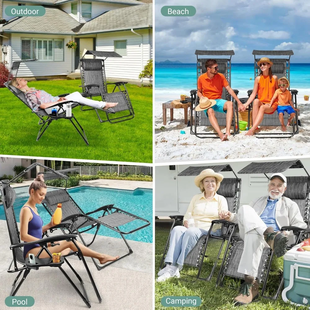 Para foteli rozkładanych z funkcją nieważności: duże krzesła wypoczynkowe na zewnątrz z baldachimem i uchwytem na napoje