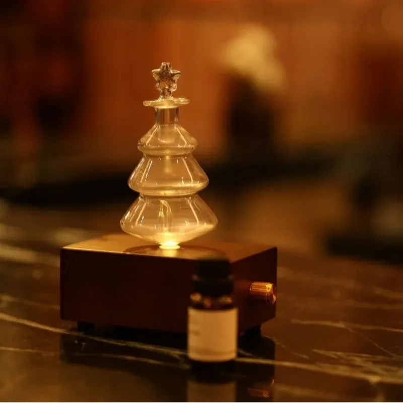 Difusor de aceite esencial de vidrio para árbol de Navidad recargable, lámpara de aromaterapia, nebulizador de 2600mah, luz nocturna aromática, fondo de madera