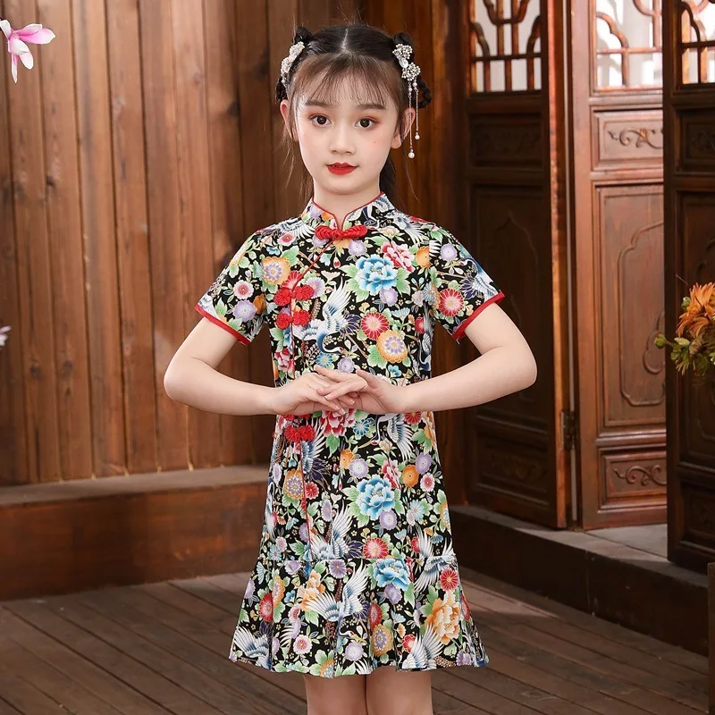 Girl Dress Red-crowned crane Slim Traditional Dress Cheongsam Girls Clothes Chinese Style Qipao baby chinese dress