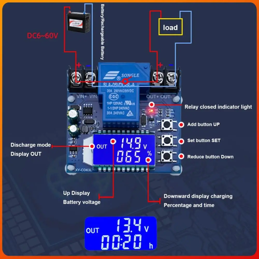 

XY-CD63L Low Voltage Disconnect Module 30A DC6-60V Charging Discharging Protection Board LCD Display Over Discharge Protection