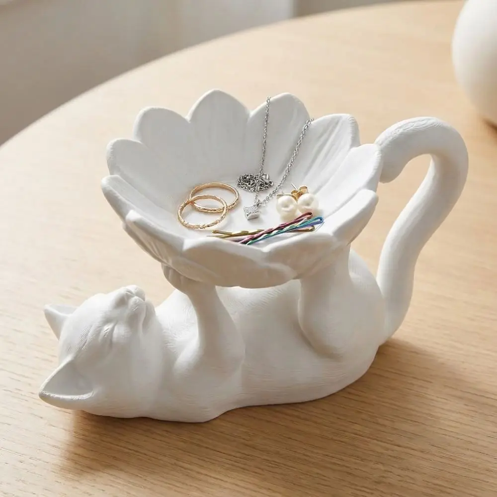 3D Printed Cat Lotus Jewelry Tray Cartoon Cat Holding Lotus Ring Storage Holder Stable Base Waterproof Lying Cat Trinket Dish