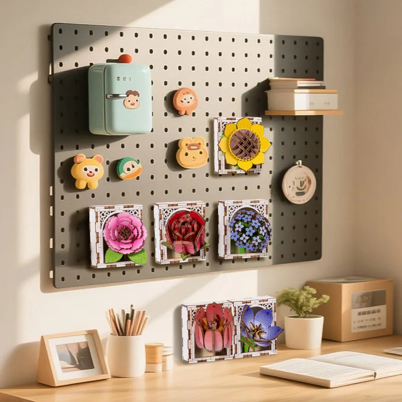 ثلاثية الأبعاد الزهور الألغاز الخشبية لعبة الإبداعية DIY بها بنفسك الزهور بناء المغناطيسي مغناطيس الثلاجة الكبار الحرف المواد مهرجان ديكور لعبة هدية #3