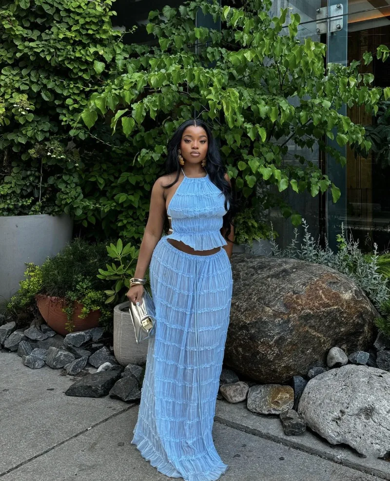

GUWU Spring Summer Vacation Style Hanging Neck Set Women's Pure Desire Folding Strap Top+Half Length Skirt Two Piece Set
