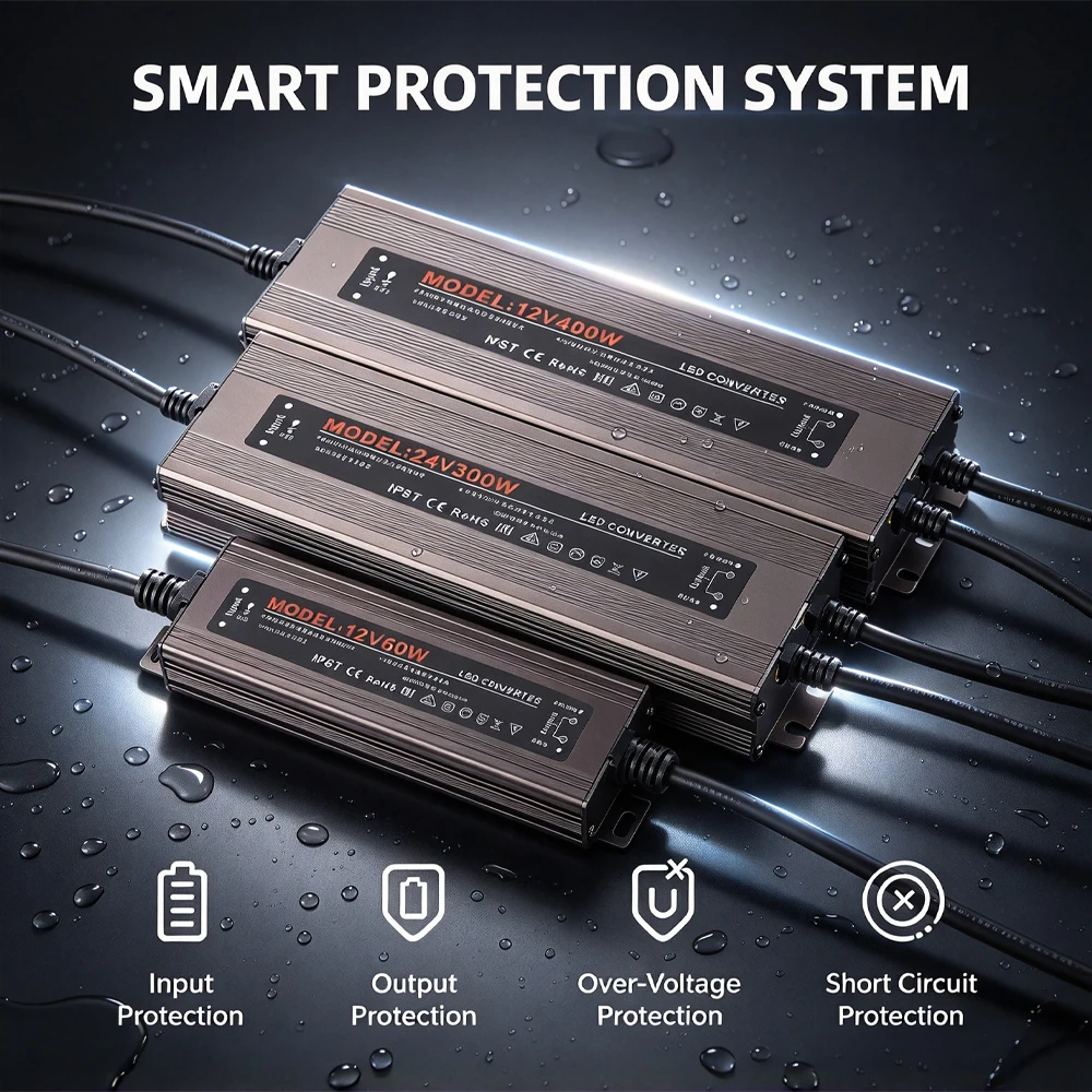 IP67 Waterproof LED Switching Power Supply DC12V 24V Aluminum Shell 60W-600W Wide Input LED Driver for Outdoor LED Strip Signage
