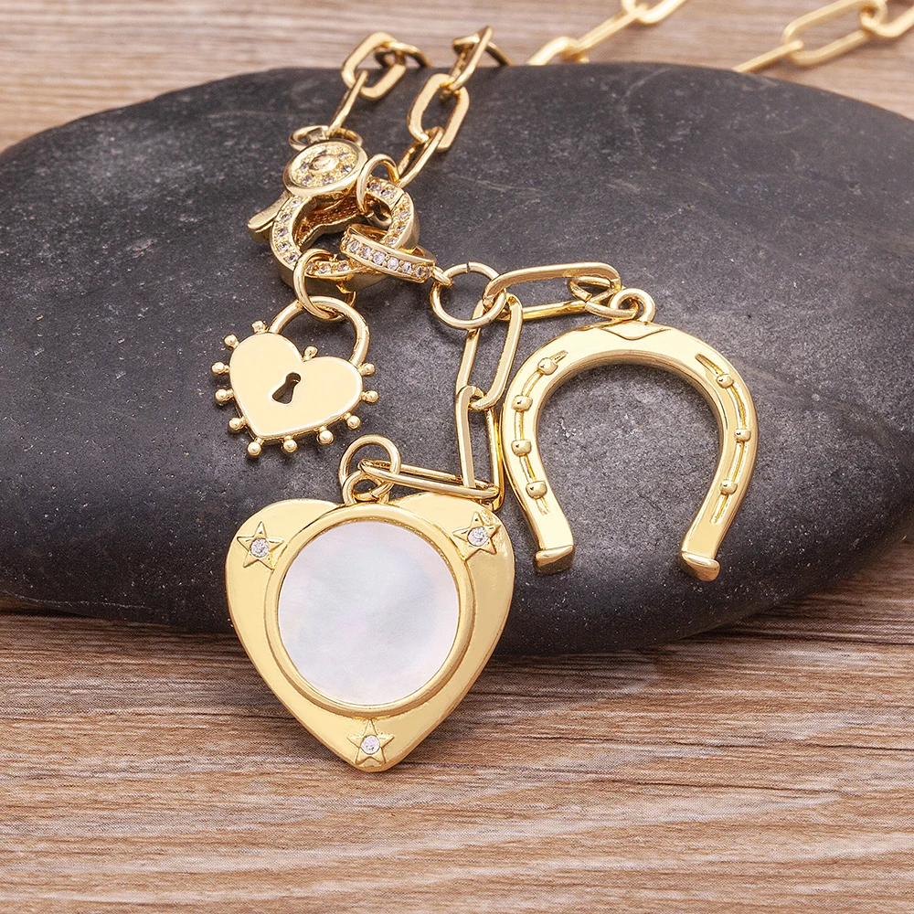 Nidin Romantic Heart Shape Inlaid Shell Pendant Fashion Geometric Zircon Necklace Women\'s Elegant Temperament Jewelry Party Gift