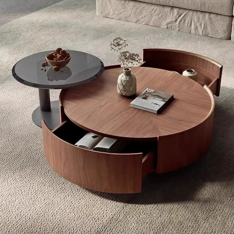 

Walnut sticker storage living room household round coffee table combination