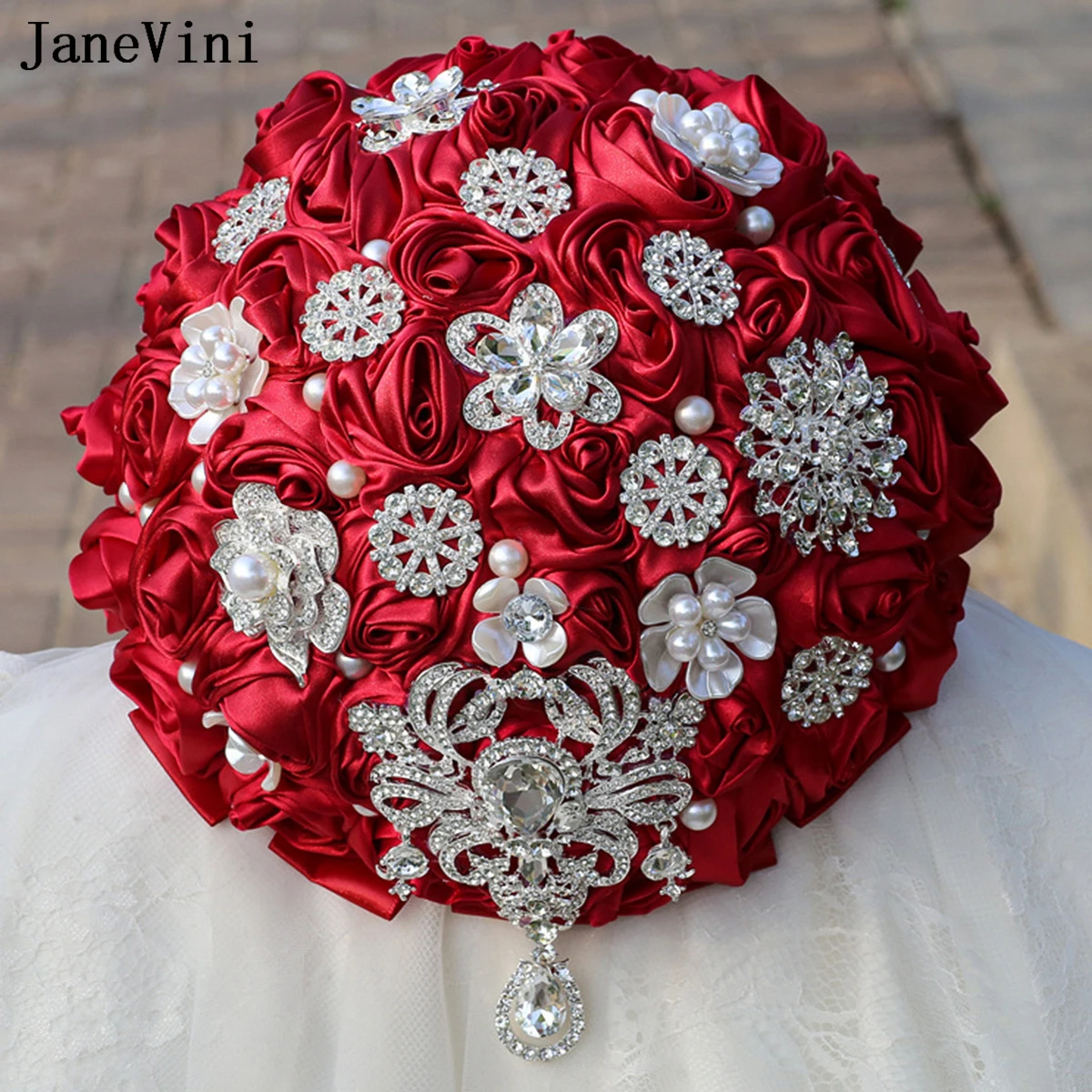 JaneVini Dark Red Ribbon Flowers Stunning Rheinstone Pearls Bridal Bouquets Artificial Satin Roses Wedding Bouquet Ramo De Novia